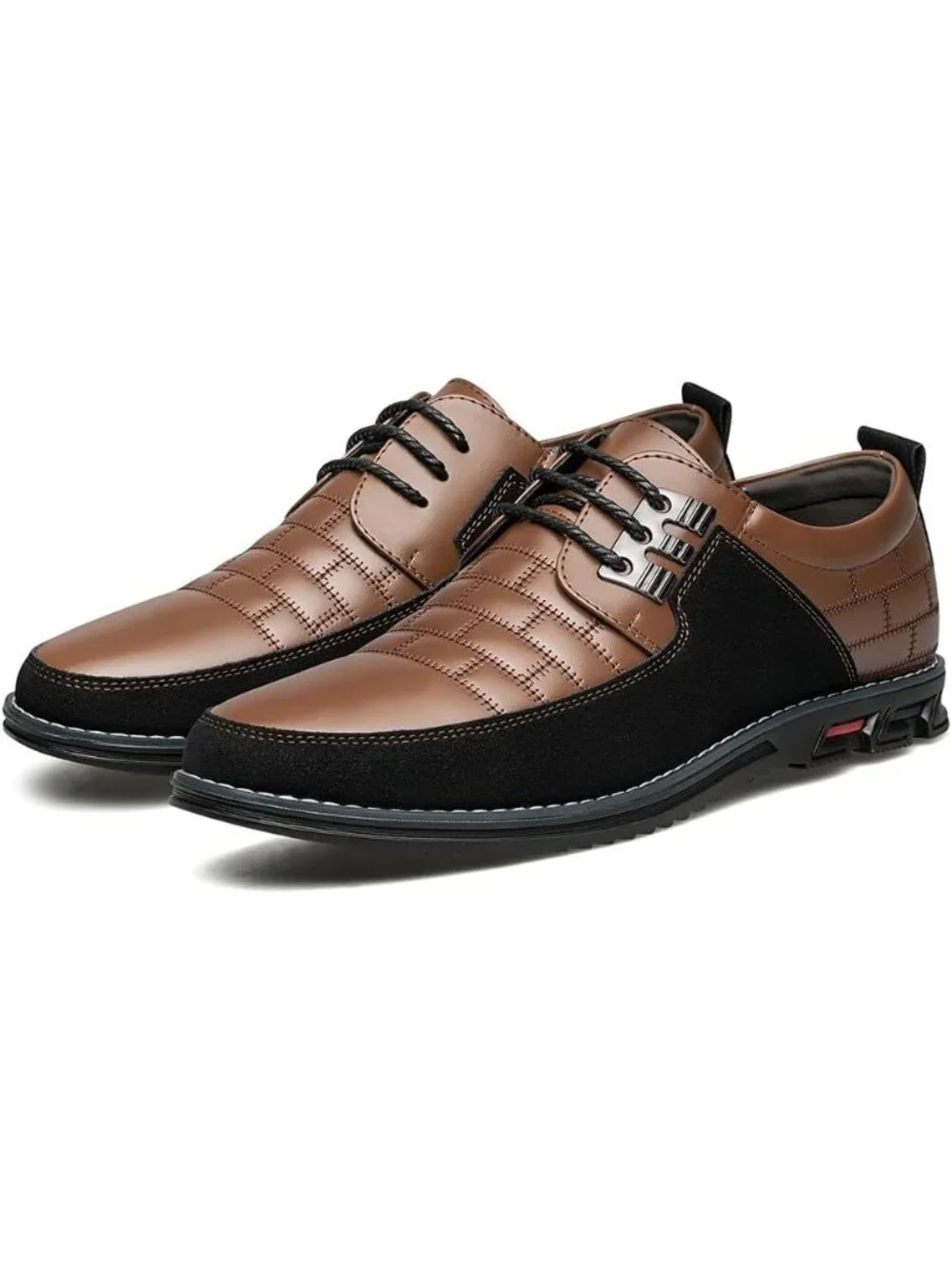 Mens Caramel Plaid Embossed Grid Leather Comfortable Hybrid Oxford Dress Sneaker